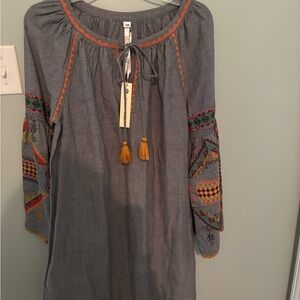 Uncle Frank Gray Embroidered Long Sleeve Tunic Dress with Mustard Tassels